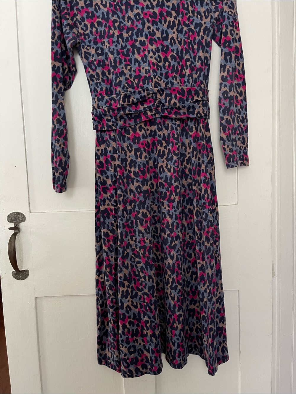 Pact Long Sleeve Leopard Print Midi Dress in Pink and Navy